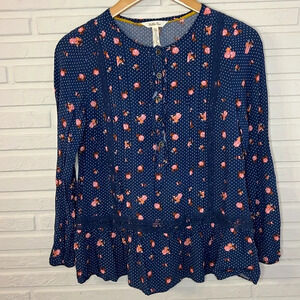 Matilda Jane Blue Polka Dot and Floral Long Sleeve Boho Blouse, Women’s Size XS